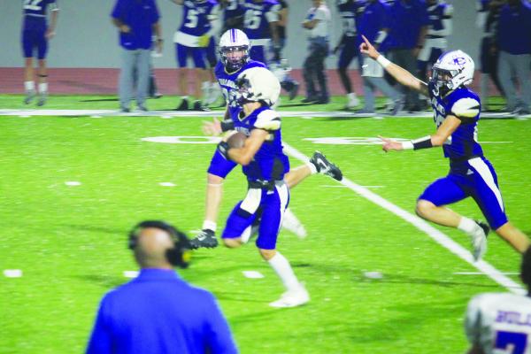Monitor Photo/Russell Slaton Eustace Bulldogs receiver Braxton Ward runs for a 65-yard touchdown after the catch, in the Sept. 18 game versus Quitman. The Bulldogs battled Quitman for most of the first half, falling behind 46-29 at halftime, later losing 66-35.