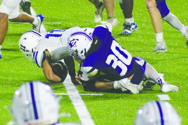 Monitor Photo/Blaine Clamon Xavier Ortiz of Eustace (right, No. 30) tackles Blooming Grove’s Esteban Portillo during Eustace’s Sept. 4 home game against Blooming Grove, a win which put Eustace at 2-0 for the first time since 2022.